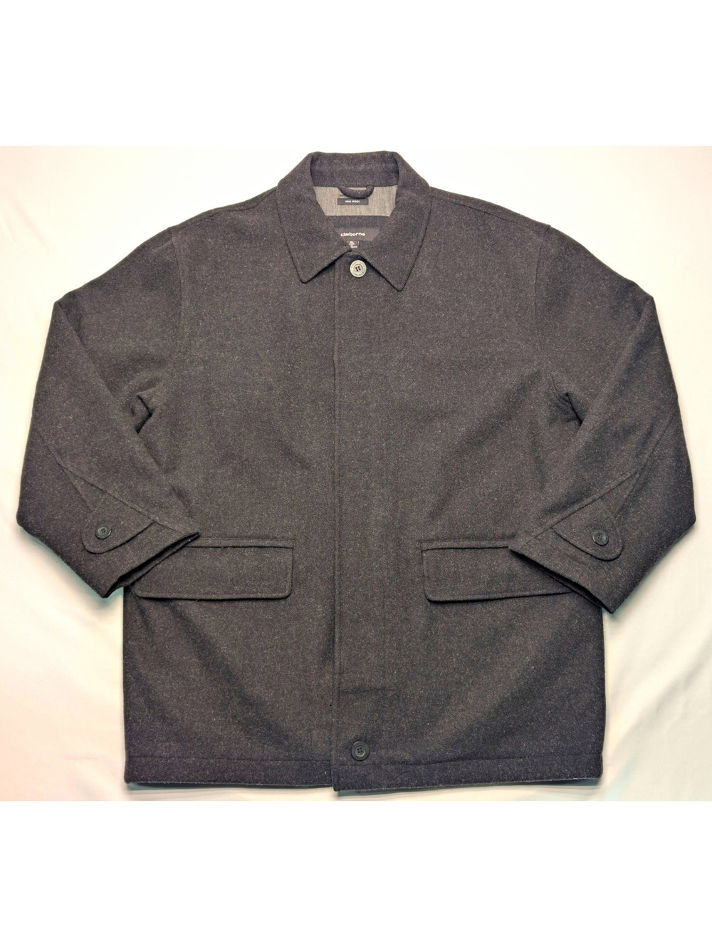 Claiborne Men's Black Wool Car Coat Jacket Quilted Lining Minimalist Boxy Fit XL